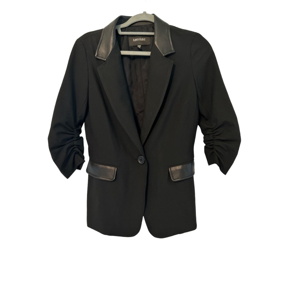 Karen Kane Blazer Black 100% Lamb Leather Collar/pockets Gathered Sleeves Sz XS